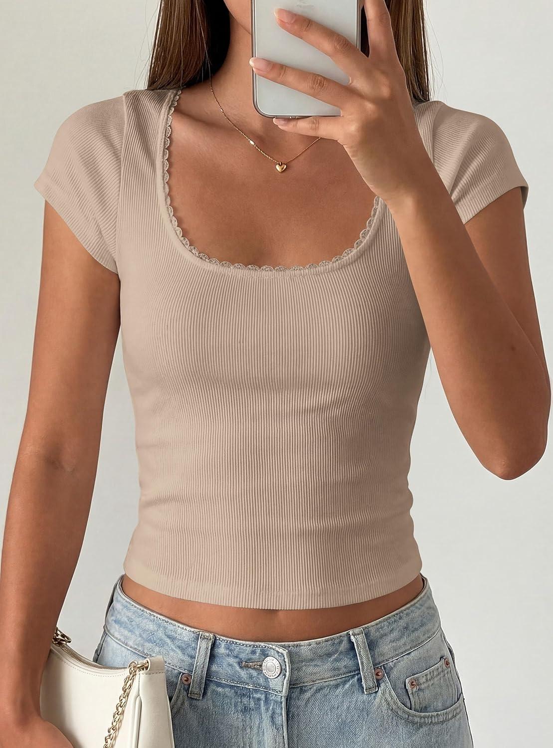 imagePRETTYGARDEN Womens Short Sleeve Tops 2026 Summer Lace Trim Square Neck Slim Fitted Going Out Basic Tee Shirts Y2K ClothesKhaki