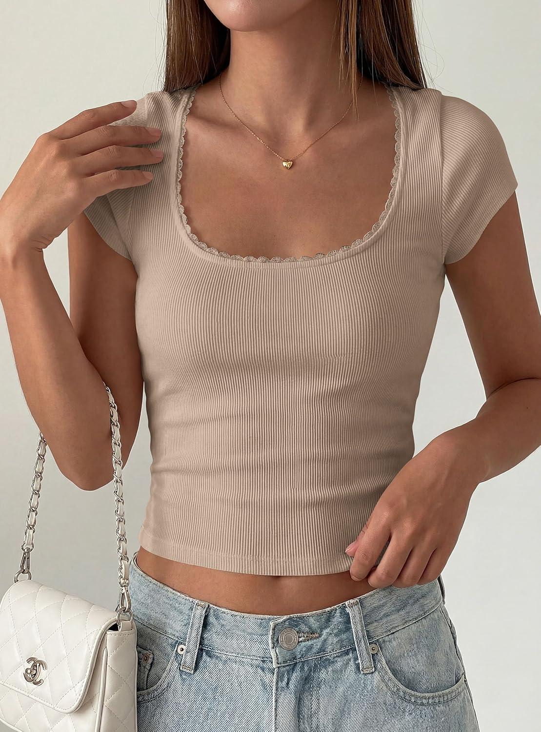 imagePRETTYGARDEN Womens Short Sleeve Tops 2026 Summer Lace Trim Square Neck Slim Fitted Going Out Basic Tee Shirts Y2K ClothesKhaki