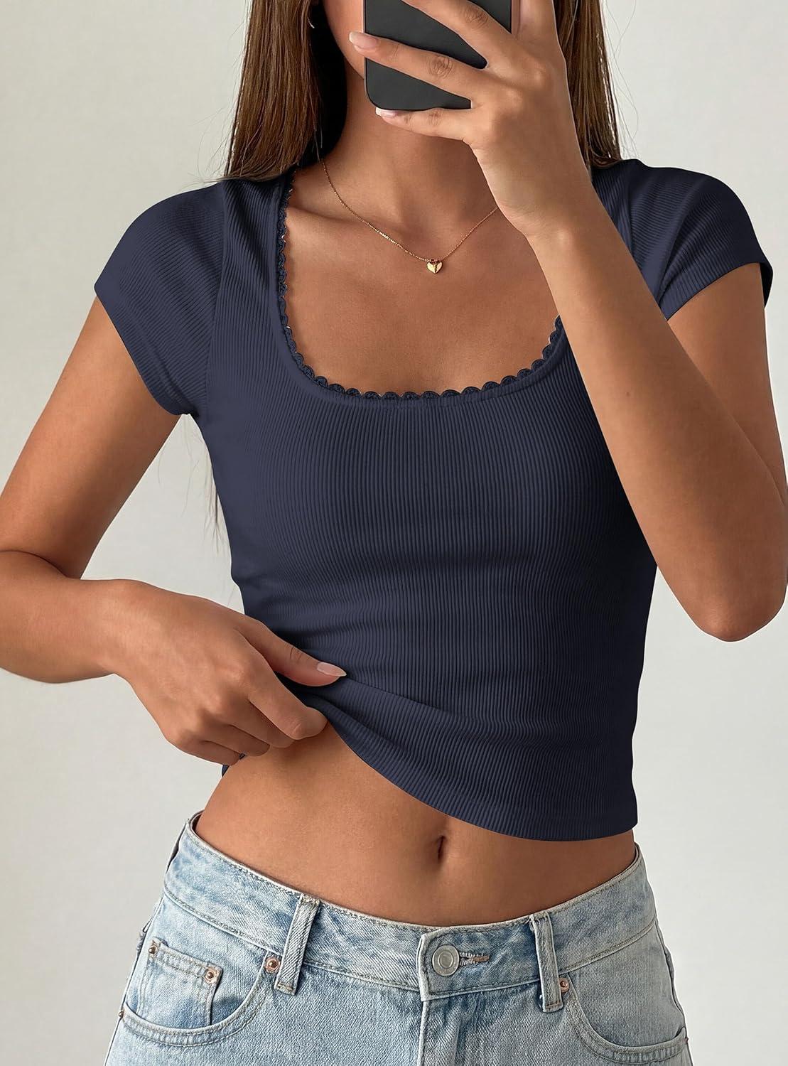imagePRETTYGARDEN Womens Short Sleeve Tops 2026 Summer Lace Trim Square Neck Slim Fitted Going Out Basic Tee Shirts Y2K ClothesNavy Blue