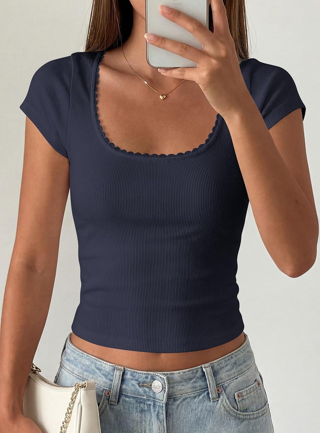 imagePRETTYGARDEN Womens Short Sleeve Tops 2026 Summer Lace Trim Square Neck Slim Fitted Going Out Basic Tee Shirts Y2K ClothesNavy Blue