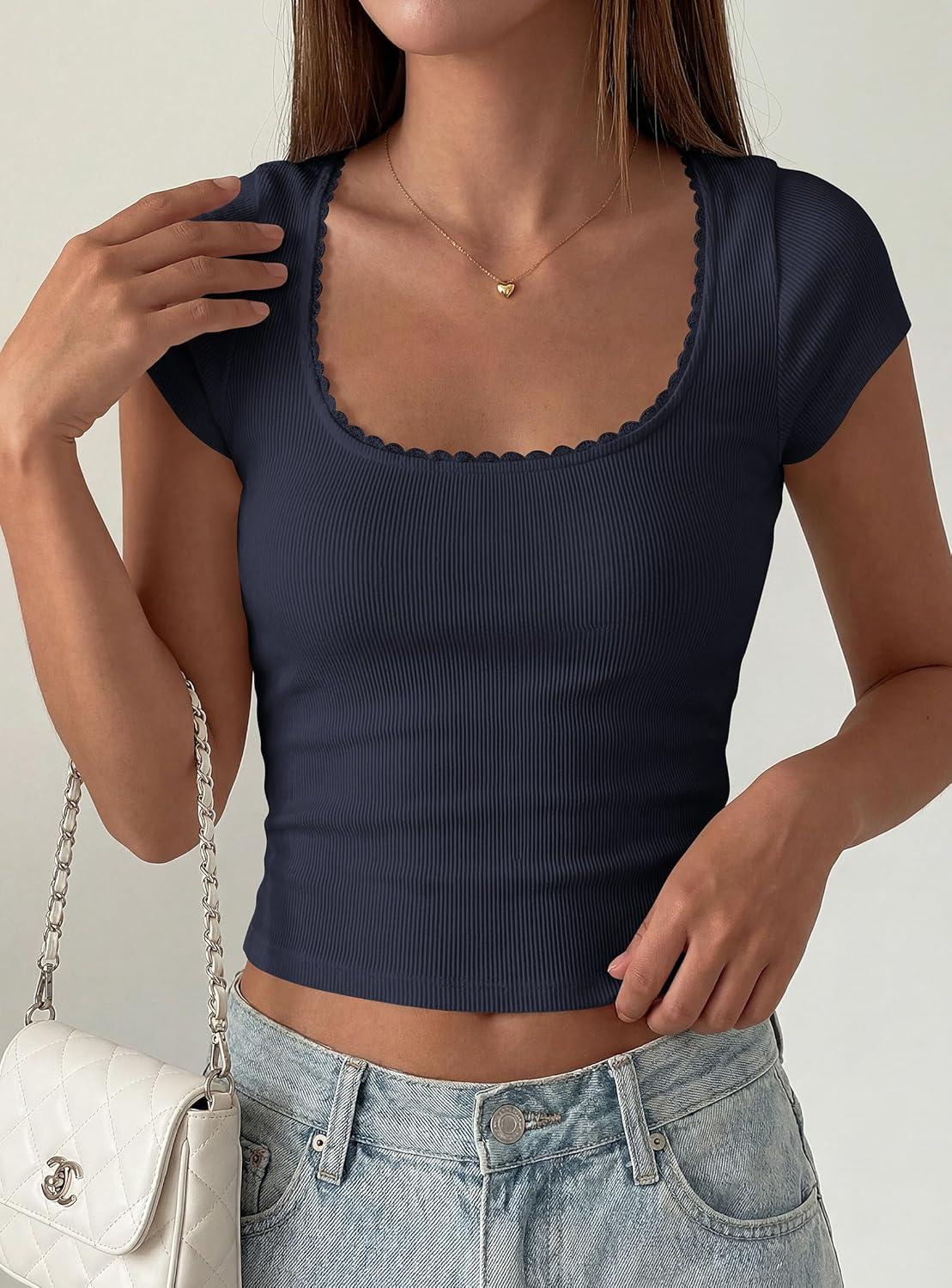 imagePRETTYGARDEN Womens Short Sleeve Tops 2026 Summer Lace Trim Square Neck Slim Fitted Going Out Basic Tee Shirts Y2K ClothesNavy Blue