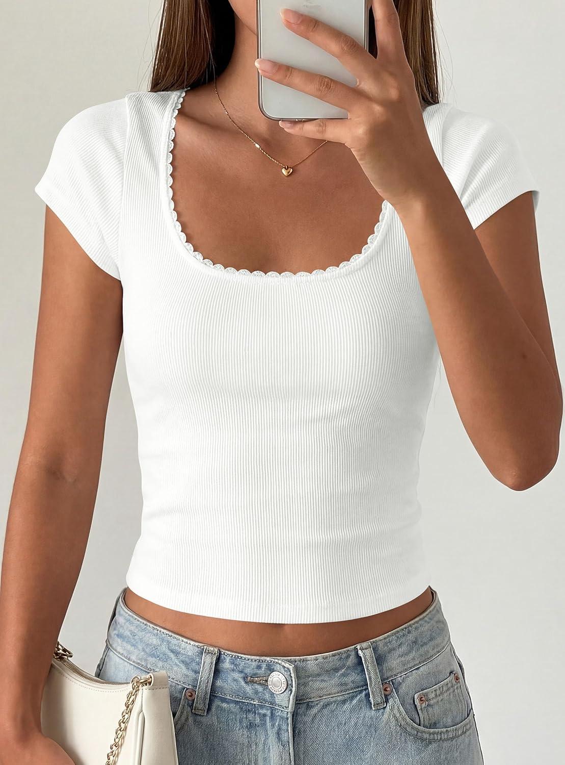 imagePRETTYGARDEN Womens Short Sleeve Tops 2026 Summer Lace Trim Square Neck Slim Fitted Going Out Basic Tee Shirts Y2K ClothesWhite