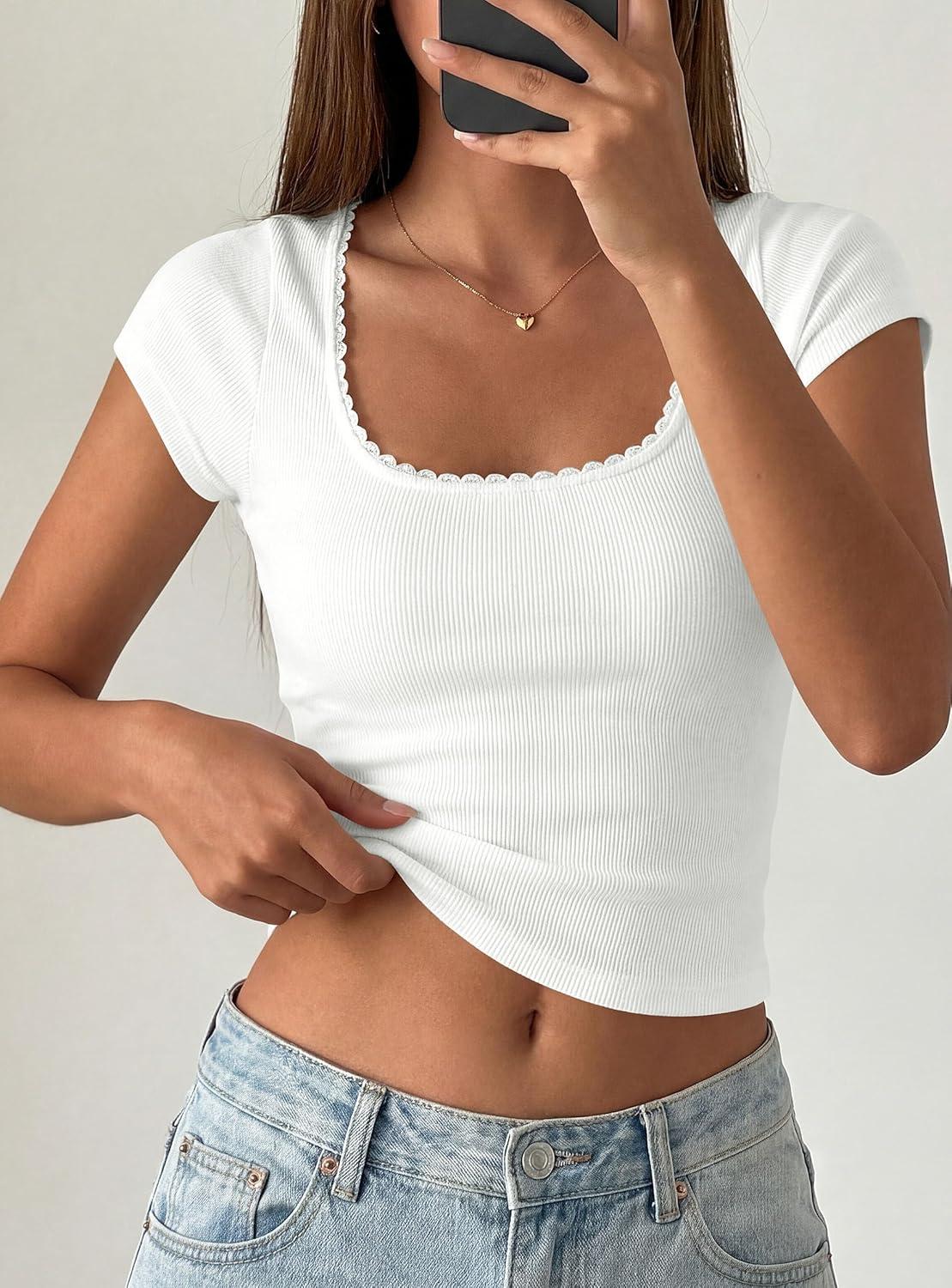 imagePRETTYGARDEN Womens Short Sleeve Tops 2026 Summer Lace Trim Square Neck Slim Fitted Going Out Basic Tee Shirts Y2K ClothesWhite