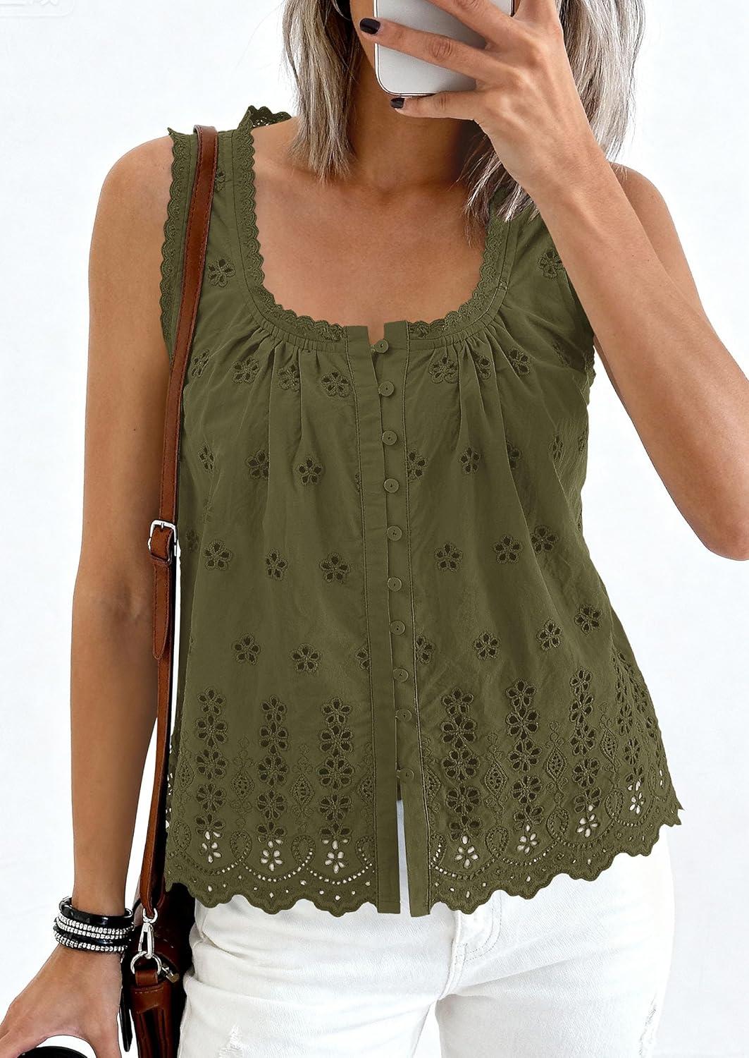 imagePRETTYGARDEN Womens Tank Tops 2026 Summer Button Down Shirts Embroidered Eyelet Dressy Casual Blouses Beach Vacation ClothesArmy Green