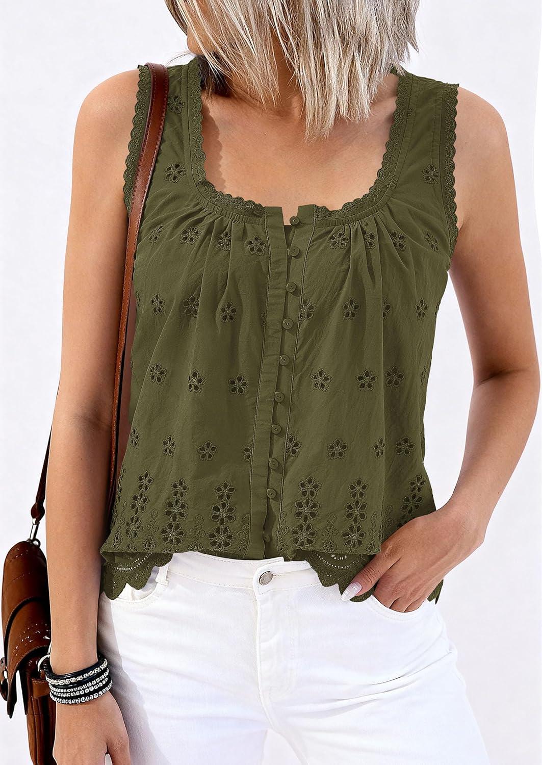 imagePRETTYGARDEN Womens Tank Tops 2026 Summer Button Down Shirts Embroidered Eyelet Dressy Casual Blouses Beach Vacation ClothesArmy Green