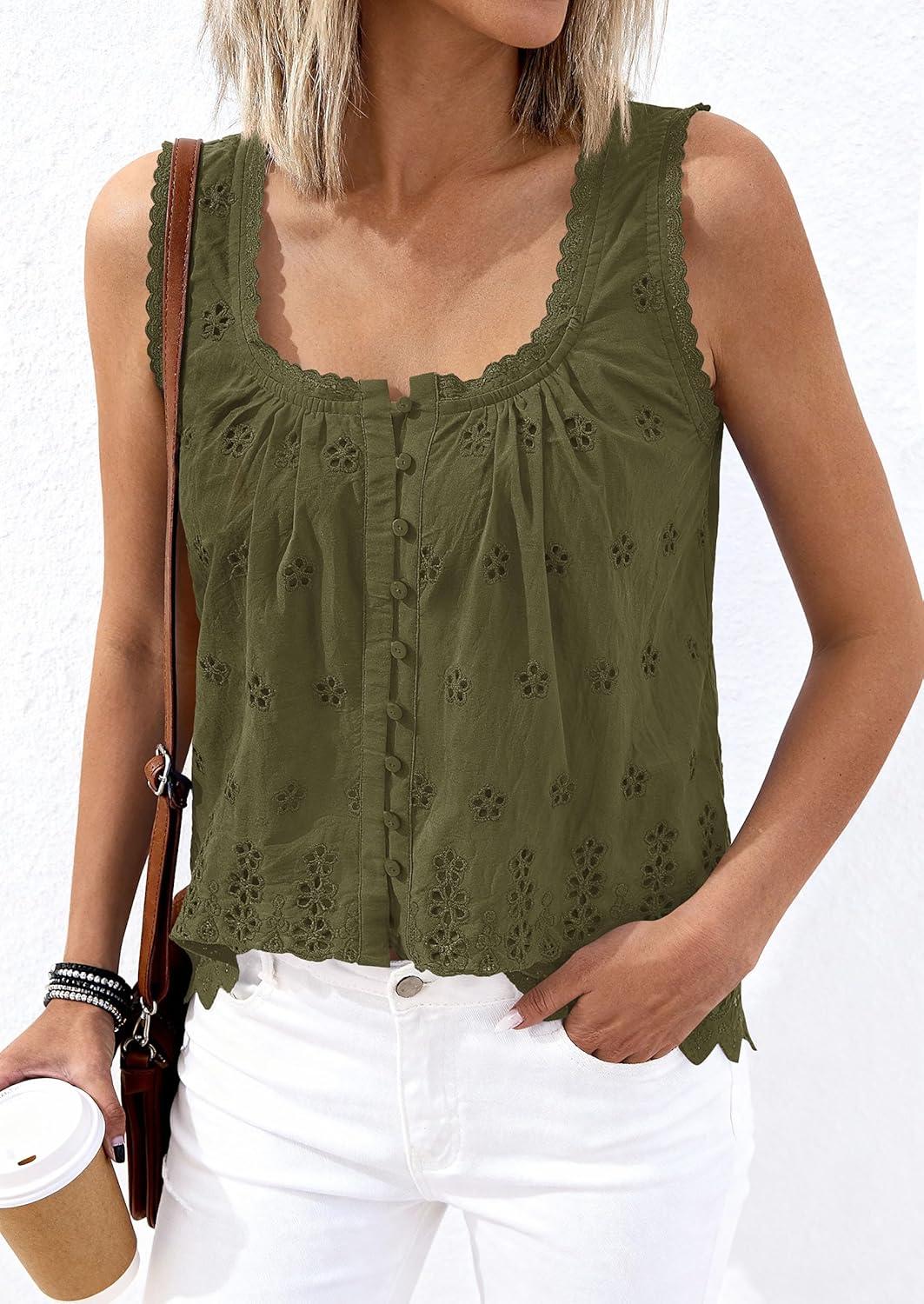 imagePRETTYGARDEN Womens Tank Tops 2026 Summer Button Down Shirts Embroidered Eyelet Dressy Casual Blouses Beach Vacation ClothesArmy Green