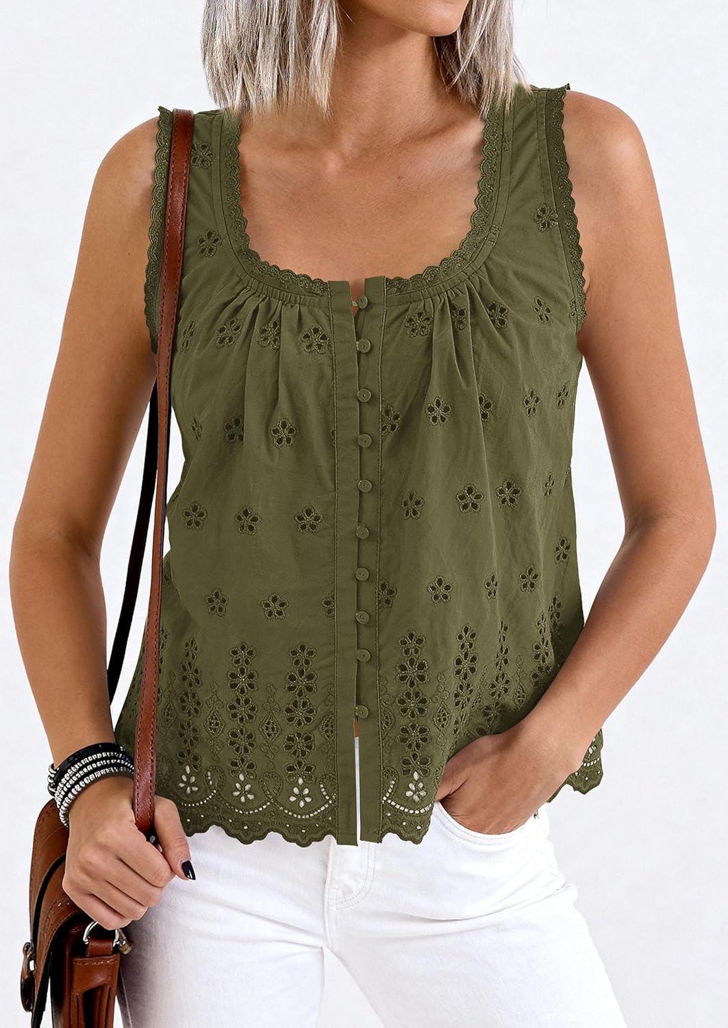 imagePRETTYGARDEN Womens Tank Tops 2026 Summer Button Down Shirts Embroidered Eyelet Dressy Casual Blouses Beach Vacation ClothesArmy Green