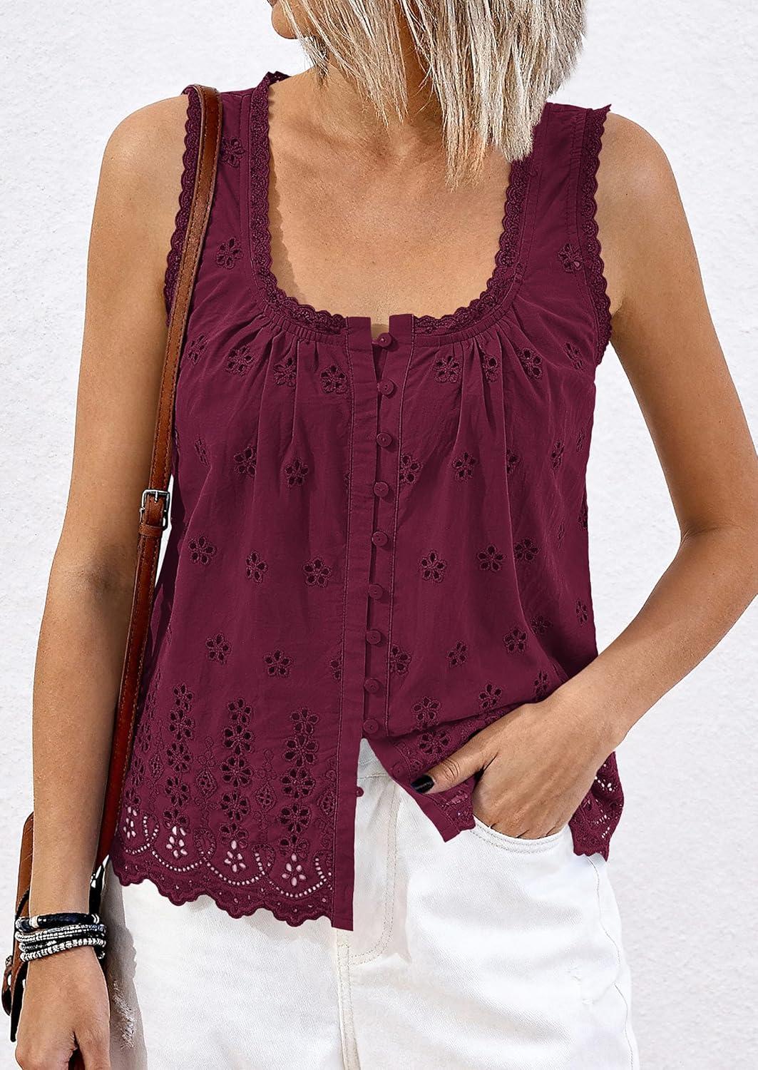 imagePRETTYGARDEN Womens Tank Tops 2026 Summer Button Down Shirts Embroidered Eyelet Dressy Casual Blouses Beach Vacation ClothesBurgundy
