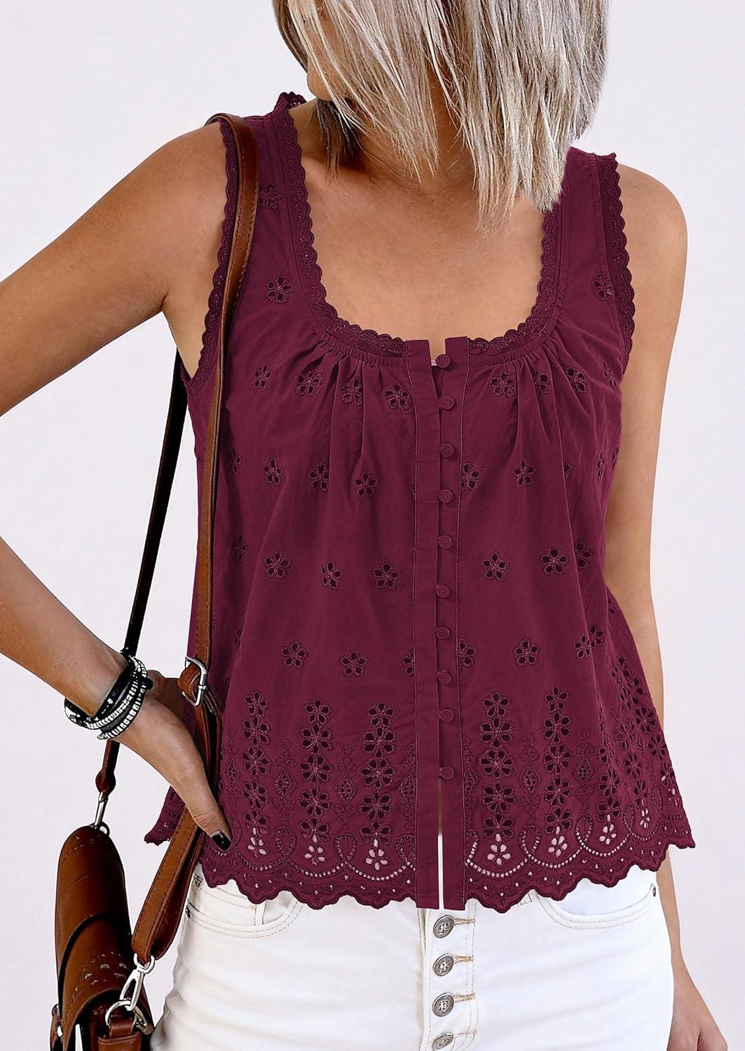 imagePRETTYGARDEN Womens Tank Tops 2026 Summer Button Down Shirts Embroidered Eyelet Dressy Casual Blouses Beach Vacation ClothesBurgundy