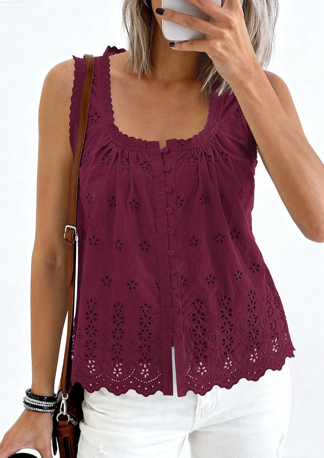 imagePRETTYGARDEN Womens Tank Tops 2026 Summer Button Down Shirts Embroidered Eyelet Dressy Casual Blouses Beach Vacation ClothesBurgundy