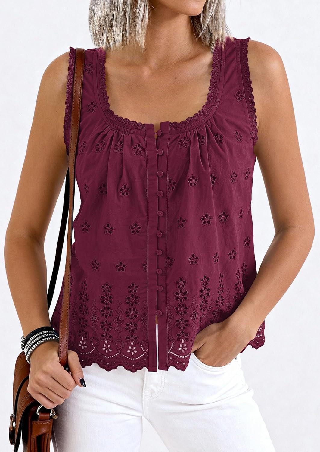 imagePRETTYGARDEN Womens Tank Tops 2026 Summer Button Down Shirts Embroidered Eyelet Dressy Casual Blouses Beach Vacation ClothesBurgundy