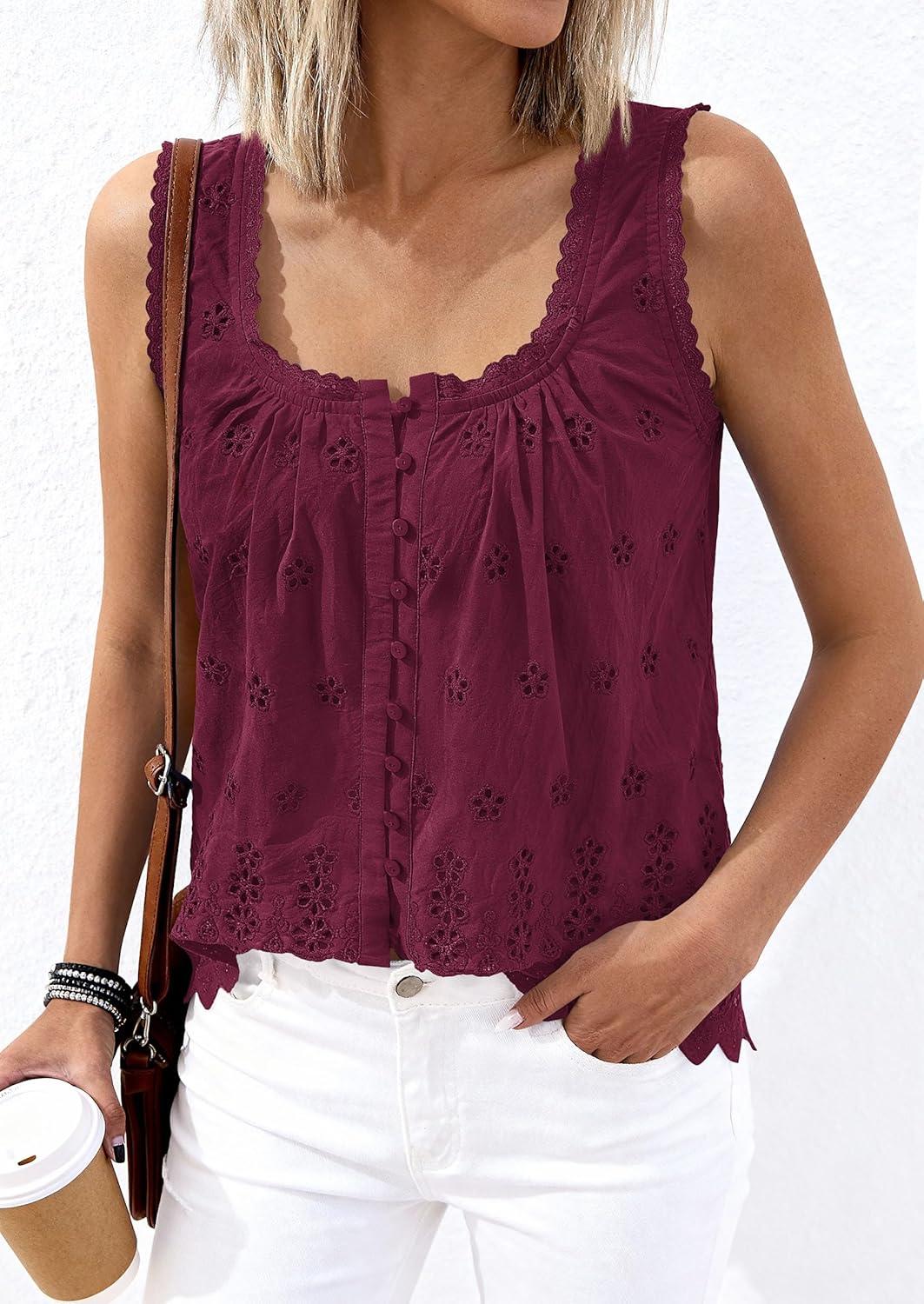 imagePRETTYGARDEN Womens Tank Tops 2026 Summer Button Down Shirts Embroidered Eyelet Dressy Casual Blouses Beach Vacation ClothesBurgundy