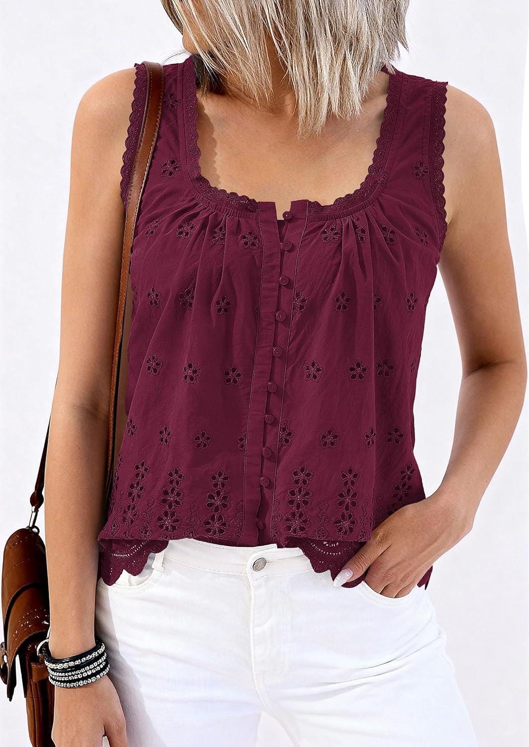 imagePRETTYGARDEN Womens Tank Tops 2026 Summer Button Down Shirts Embroidered Eyelet Dressy Casual Blouses Beach Vacation ClothesBurgundy