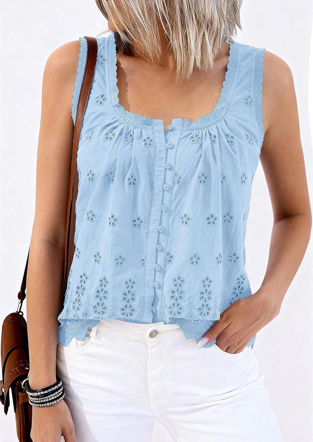 imagePRETTYGARDEN Womens Tank Tops 2026 Summer Button Down Shirts Embroidered Eyelet Dressy Casual Blouses Beach Vacation ClothesLight Blue