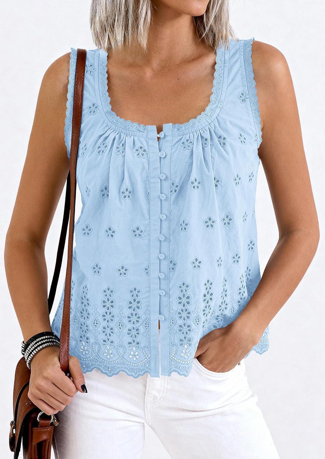 imagePRETTYGARDEN Womens Tank Tops 2026 Summer Button Down Shirts Embroidered Eyelet Dressy Casual Blouses Beach Vacation ClothesLight Blue