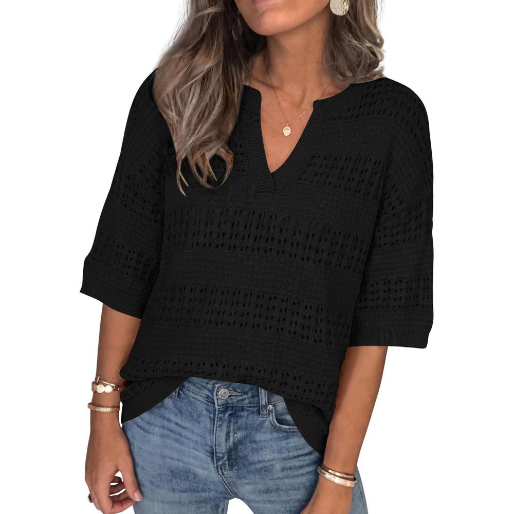 imagePRETTYGARDEN Womens Crochet Tops Casual Cotton Hollow Out Knit Short Sleeve Oversized Sweater for Women Summer Beach Cover UpBlack