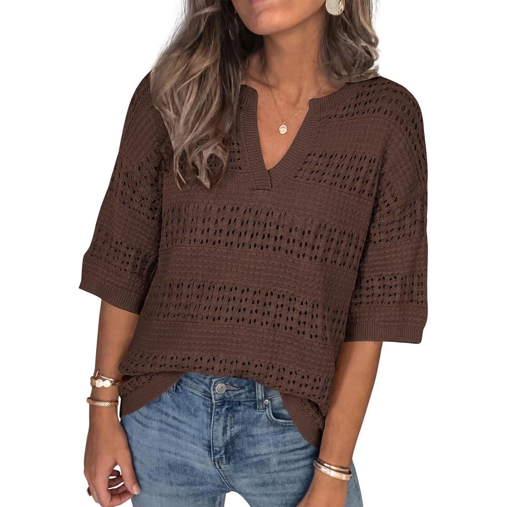 imagePRETTYGARDEN Womens Crochet Tops Casual Cotton Hollow Out Knit Short Sleeve Oversized Sweater for Women Summer Beach Cover UpBrown