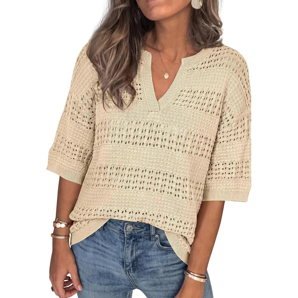 imagePRETTYGARDEN Womens Crochet Tops Casual Cotton Hollow Out Knit Short Sleeve Oversized Sweater for Women Summer Beach Cover UpLight Khaki