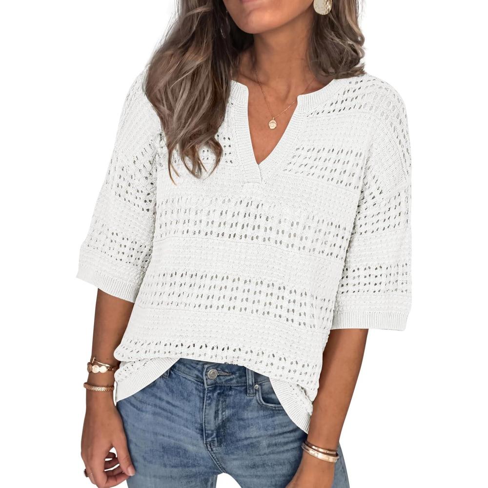 imagePRETTYGARDEN Womens Crochet Tops Casual Cotton Hollow Out Knit Short Sleeve Oversized Sweater for Women Summer Beach Cover UpWhite