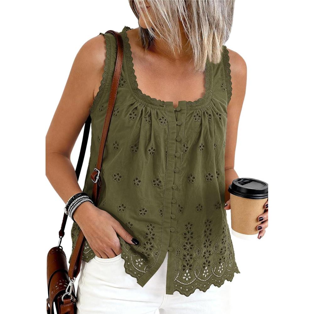 imagePRETTYGARDEN Womens Tank Tops 2026 Summer Button Down Shirts Embroidered Eyelet Dressy Casual Blouses Beach Vacation ClothesArmy Green