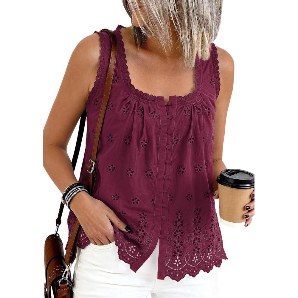 imagePRETTYGARDEN Womens Tank Tops 2026 Summer Button Down Shirts Embroidered Eyelet Dressy Casual Blouses Beach Vacation ClothesBurgundy