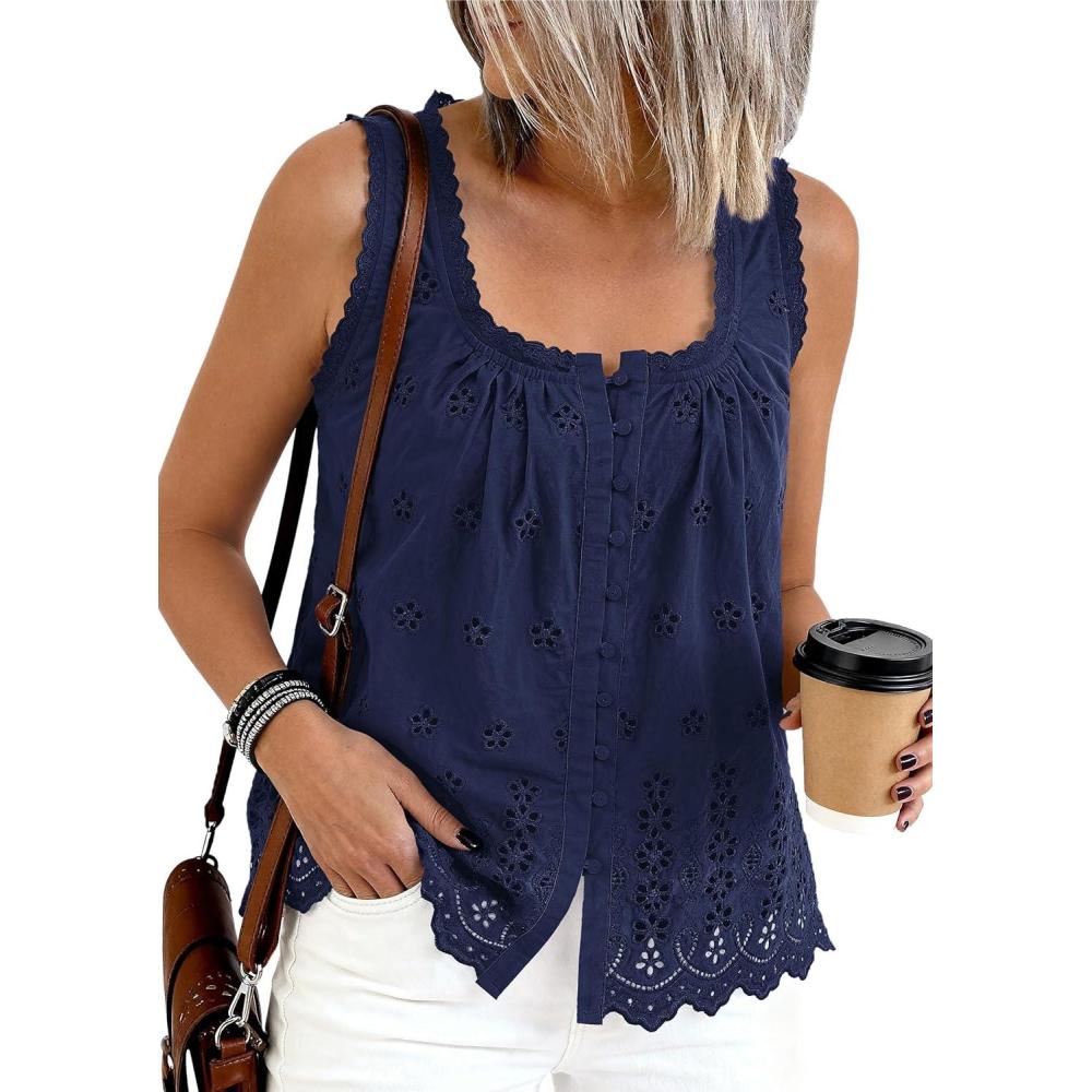 imagePRETTYGARDEN Womens Tank Tops 2026 Summer Button Down Shirts Embroidered Eyelet Dressy Casual Blouses Beach Vacation ClothesNavy Blue