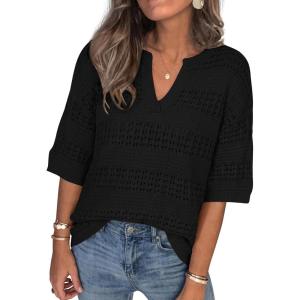 PRETTYGARDEN Womens Crochet Tops Casual Cotton Hollow Out Knit Short Sleeve Oversized Sweater for Women Summer Beach Cover Up(Black)