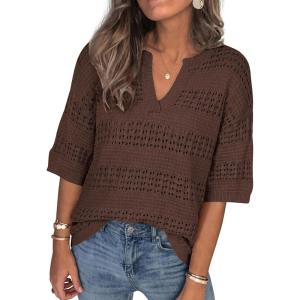 PRETTYGARDEN Womens Crochet Tops Casual Cotton Hollow Out Knit Short Sleeve Oversized Sweater for Women Summer Beach Cover Up(Brown)