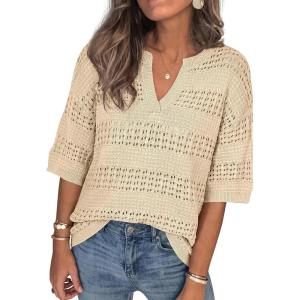 PRETTYGARDEN Womens Crochet Tops Casual Cotton Hollow Out Knit Short Sleeve Oversized Sweater for Women Summer Beach Cover Up(Light Khaki)