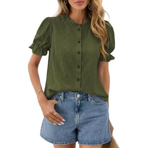 PRETTYGARDEN Womens Puff Short Sleeve Tops 2026 Summer Spring Button Down Boho Embroidered Cute Blouse Dressy Casual Shirts(Army Green)
