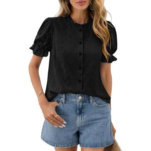 PRETTYGARDEN Womens Puff Short Sleeve Tops 2026 Summer Spring Button Down Boho Embroidered Cute Blouse Dressy Casual Shirts(Black)
