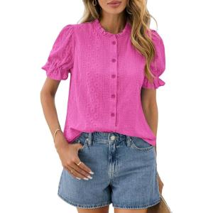 PRETTYGARDEN Womens Puff Short Sleeve Tops 2026 Summer Spring Button Down Boho Embroidered Cute Blouse Dressy Casual Shirts(Rose Red)