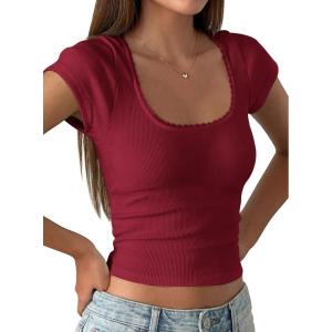 PRETTYGARDEN Women’s Short Sleeve Tops 2026 Summer Lace Trim Square Neck Slim Fitted Going Out Basic Tee Shirts Y2K Clothes(Burgundy)