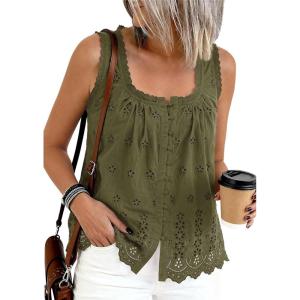 PRETTYGARDEN Womens Tank Tops 2026 Summer Button Down Shirts Embroidered Eyelet Dressy Casual Blouses Beach Vacation Clothes(Army Green)