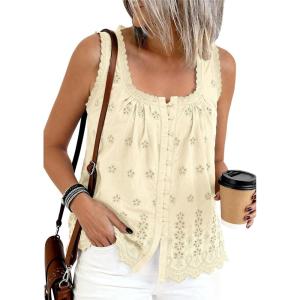 PRETTYGARDEN Womens Tank Tops 2026 Summer Button Down Shirts Embroidered Eyelet Dressy Casual Blouses Beach Vacation Clothes(Beige)