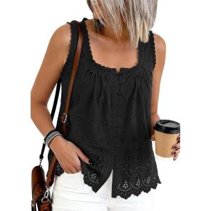 PRETTYGARDEN Womens Tank Tops 2026 Summer Button Down Shirts Embroidered Eyelet Dressy Casual Blouses Beach Vacation Clothes(Black)