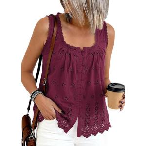 PRETTYGARDEN Womens Tank Tops 2026 Summer Button Down Shirts Embroidered Eyelet Dressy Casual Blouses Beach Vacation Clothes(Burgundy)