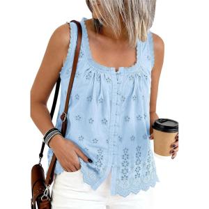 PRETTYGARDEN Womens Tank Tops 2026 Summer Button Down Shirts Embroidered Eyelet Dressy Casual Blouses Beach Vacation Clothes(Light Blue)