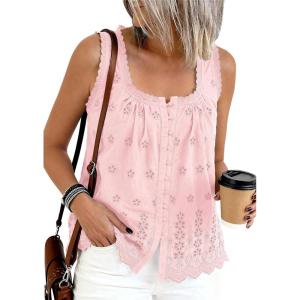 PRETTYGARDEN Womens Tank Tops 2026 Summer Button Down Shirts Embroidered Eyelet Dressy Casual Blouses Beach Vacation Clothes(Pink)
