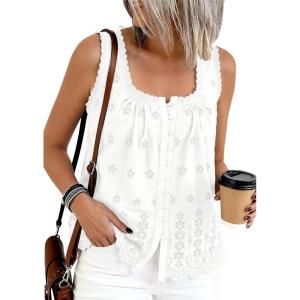 PRETTYGARDEN Womens Tank Tops 2026 Summer Button Down Shirts Embroidered Eyelet Dressy Casual Blouses Beach Vacation Clothes(White)