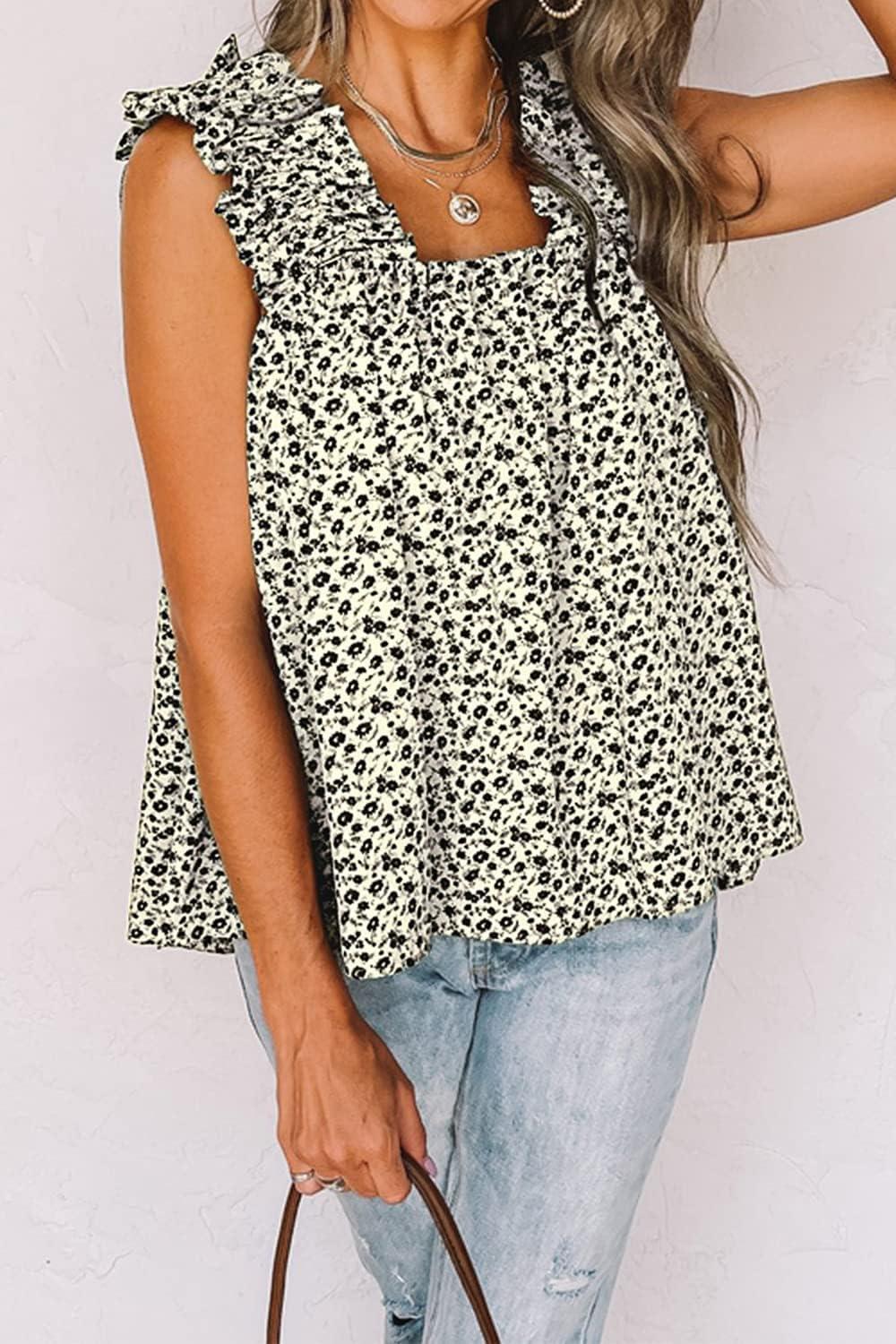 imagePRETTYGARDEN Boho Floral Tank Tops for Women Shirred Straps Pleated Summer Casual Sleeveless Shirts Tops Beach BlousesApricot