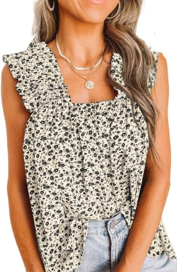 imagePRETTYGARDEN Boho Floral Tank Tops for Women Shirred Straps Pleated Summer Casual Sleeveless Shirts Tops Beach BlousesApricot