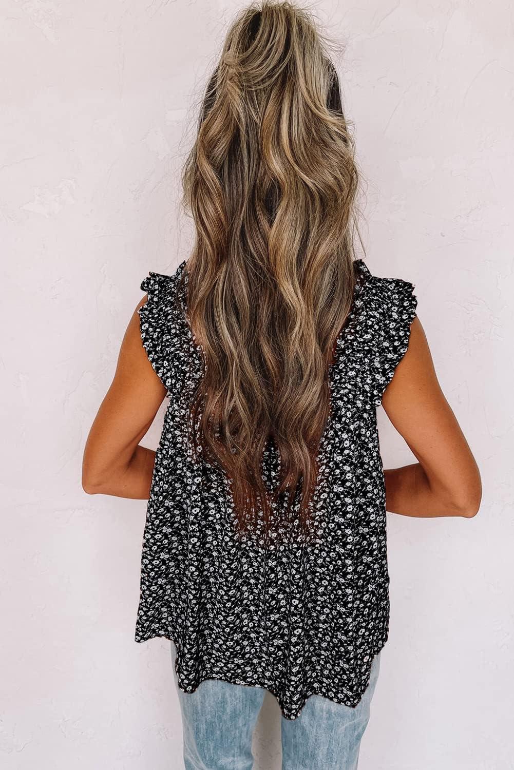 imagePRETTYGARDEN Boho Floral Tank Tops for Women Shirred Straps Pleated Summer Casual Sleeveless Shirts Tops Beach BlousesBlack
