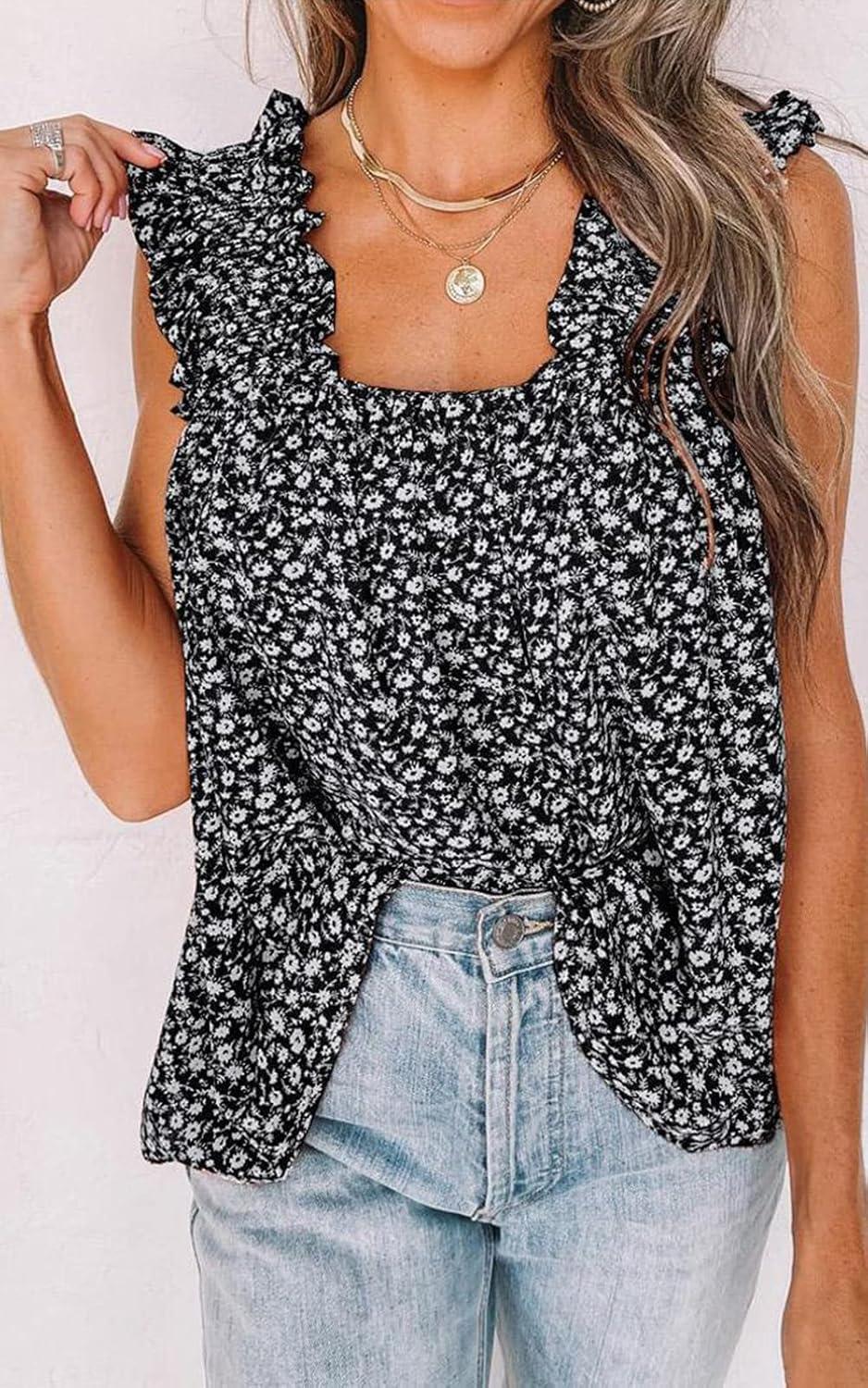imagePRETTYGARDEN Boho Floral Tank Tops for Women Shirred Straps Pleated Summer Casual Sleeveless Shirts Tops Beach BlousesBlack
