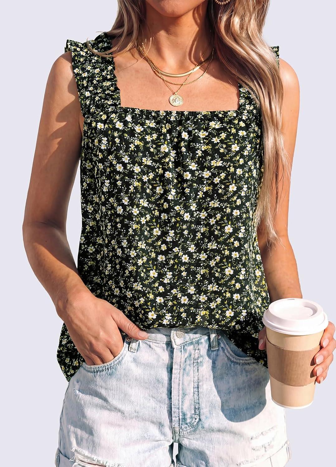 imagePRETTYGARDEN Boho Floral Tank Tops for Women Shirred Straps Pleated Summer Casual Sleeveless Shirts Tops Beach BlousesBlack Yellow Floral