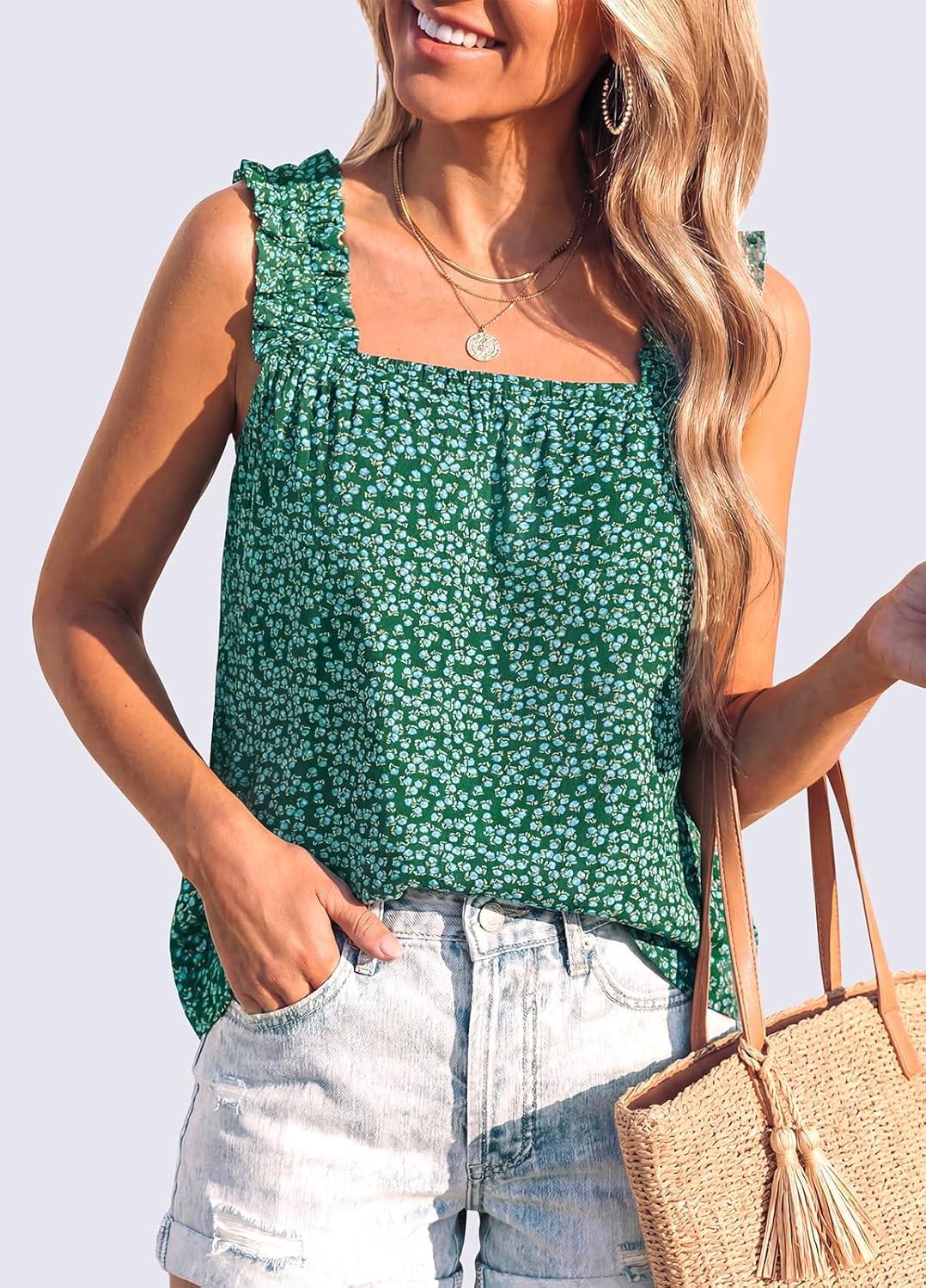imagePRETTYGARDEN Boho Floral Tank Tops for Women Shirred Straps Pleated Summer Casual Sleeveless Shirts Tops Beach BlousesGreen Blue Floral