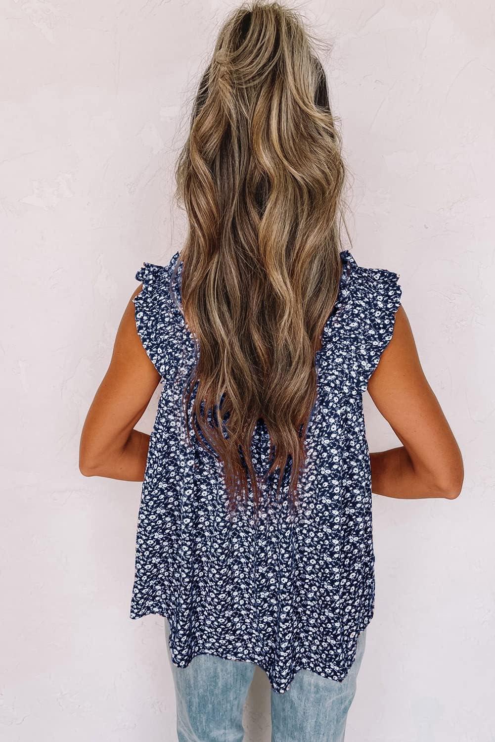 imagePRETTYGARDEN Boho Floral Tank Tops for Women Shirred Straps Pleated Summer Casual Sleeveless Shirts Tops Beach BlousesLight Blue
