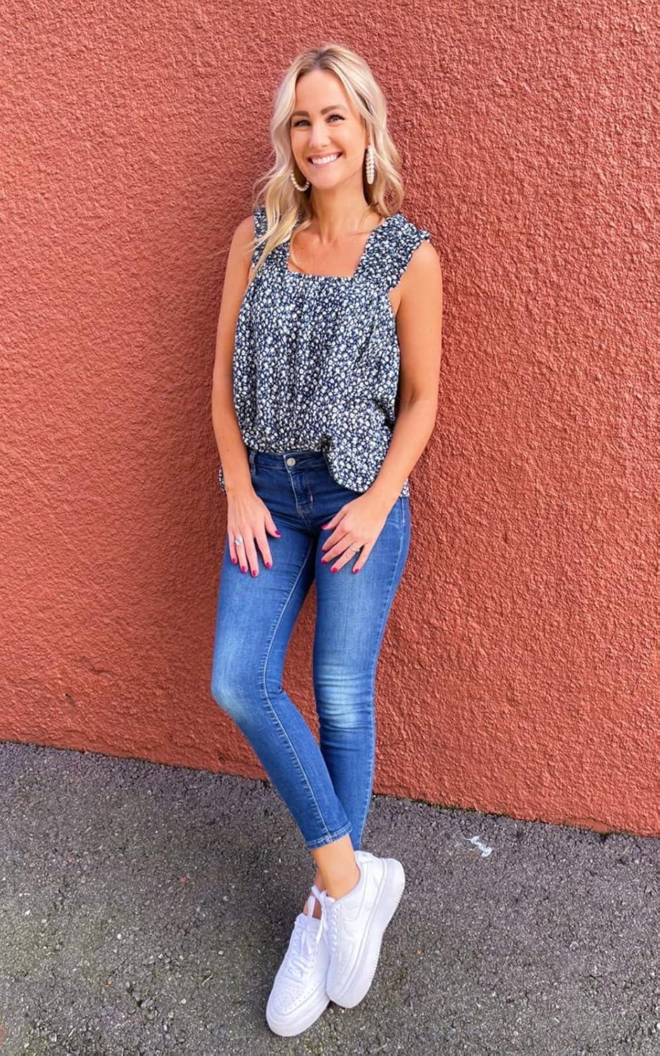 imagePRETTYGARDEN Boho Floral Tank Tops for Women Shirred Straps Pleated Summer Casual Sleeveless Shirts Tops Beach BlousesLight Blue