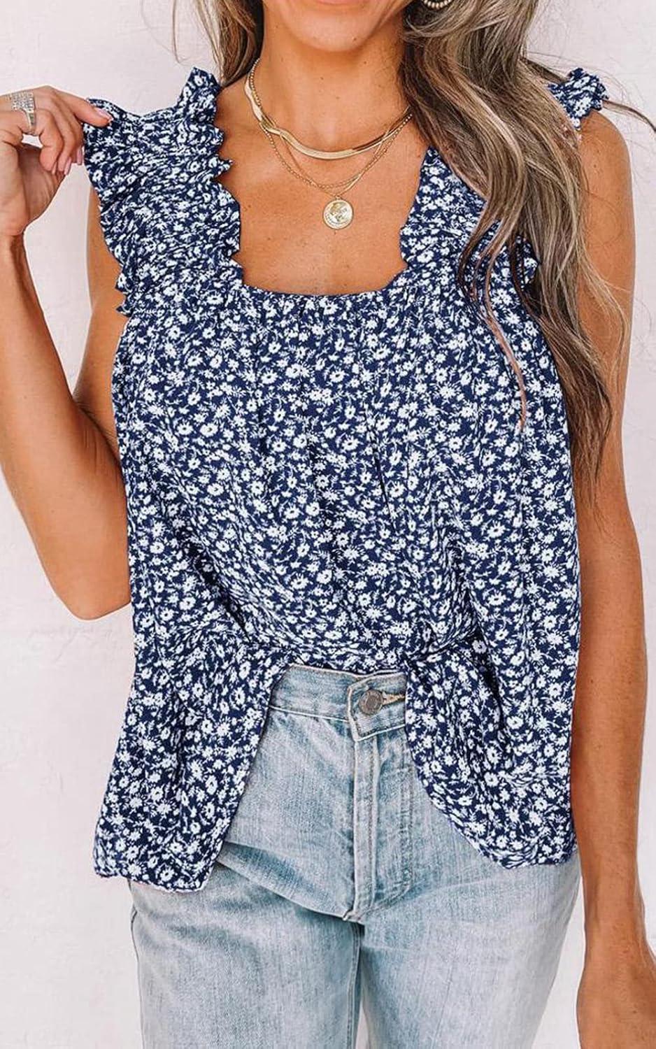 imagePRETTYGARDEN Boho Floral Tank Tops for Women Shirred Straps Pleated Summer Casual Sleeveless Shirts Tops Beach BlousesLight Blue