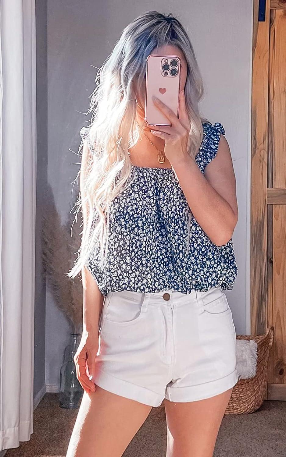 imagePRETTYGARDEN Boho Floral Tank Tops for Women Shirred Straps Pleated Summer Casual Sleeveless Shirts Tops Beach BlousesLight Blue